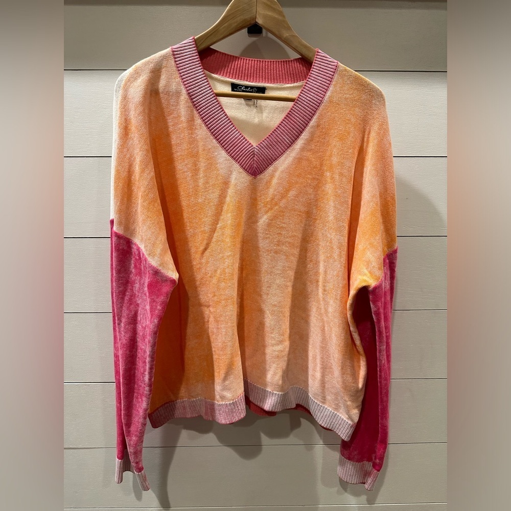 Charlie B Women’s Colorblock Orange/ Pink V-Neck Sweater- size XXL